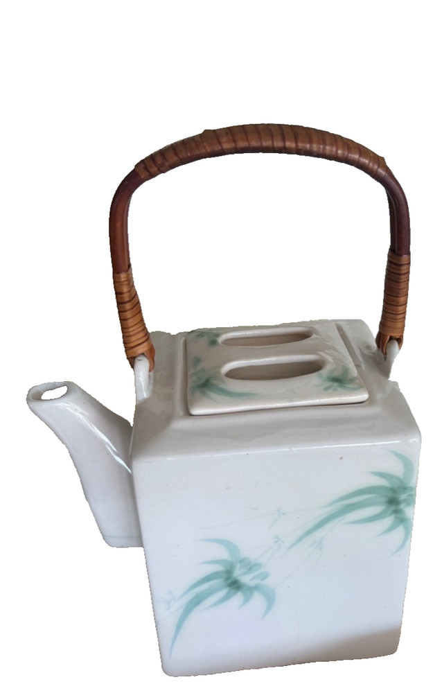 Vintage Teapot Japan Ceramic White Green Bamboo Handle Square