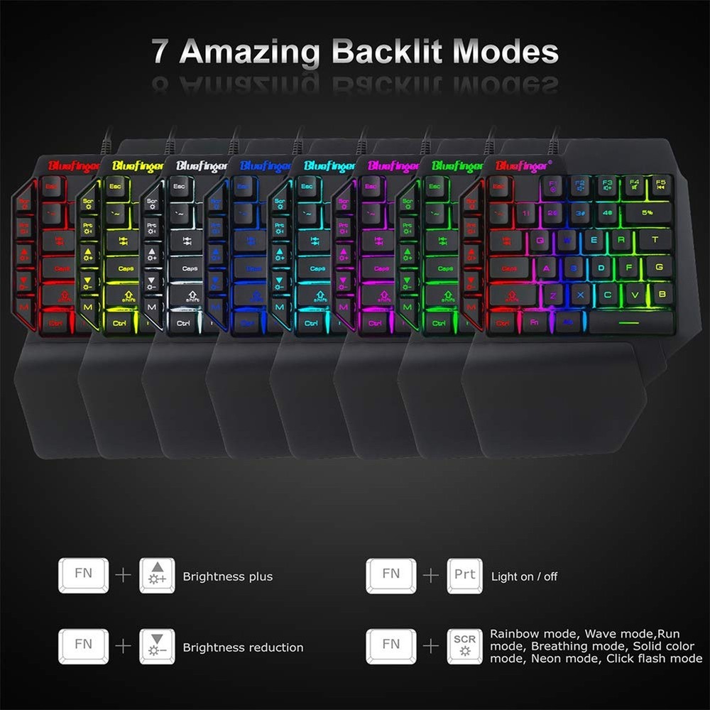 One Hand RGB Gaming Keyboard and Backlit Mouse Combo, USB Wired Rainbow Lette...