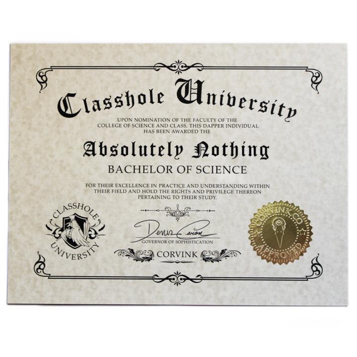 CLASSHOLE HUMOR NOVELTY DIPLOMA - ABSOLUTELY NOTHING