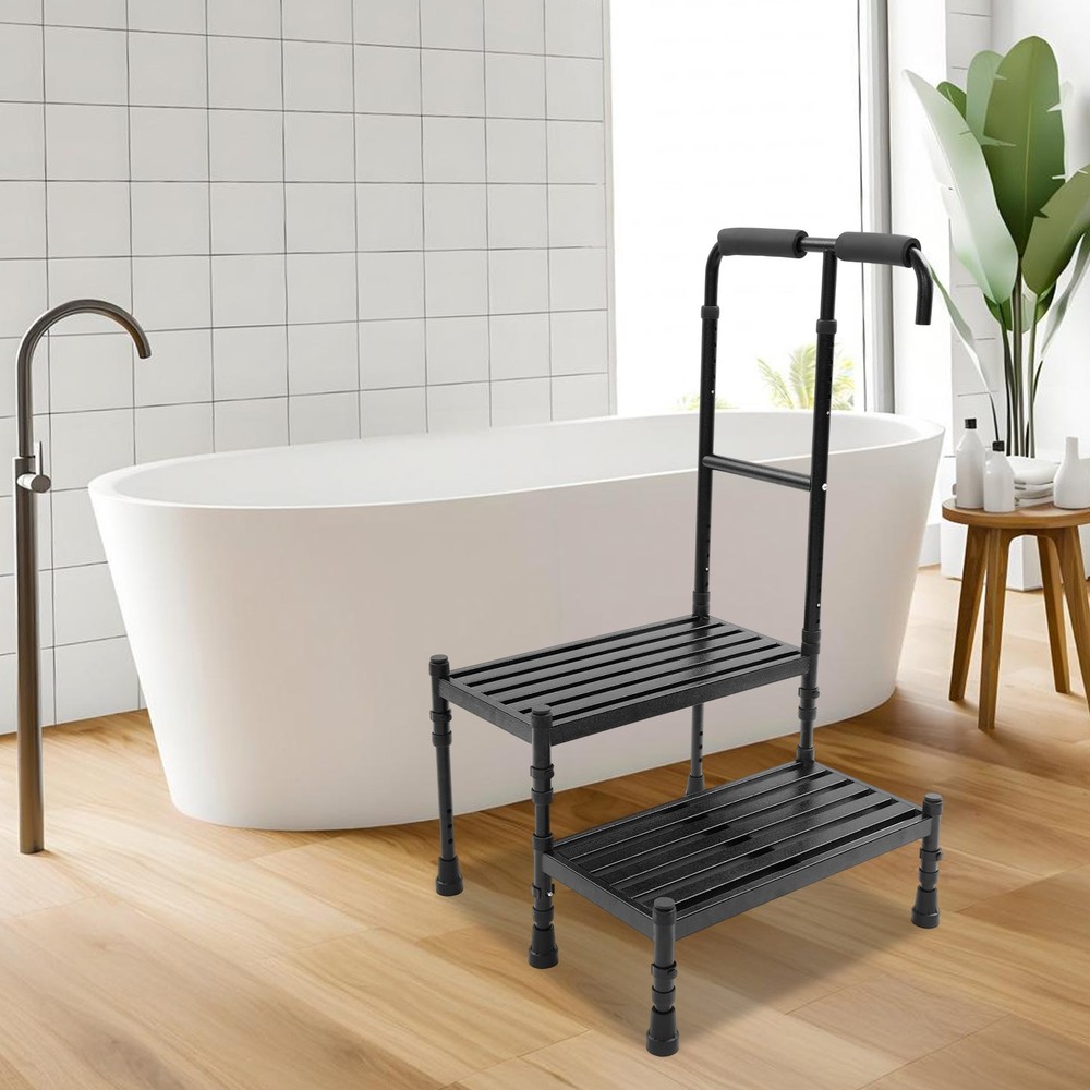 Double Step Stool With Movable Rubber Shock-absorbing Base, Black 21 Inches Long