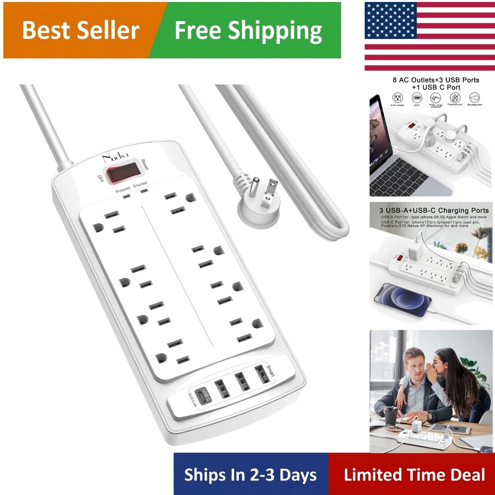 Versatile Surge Protector Power Strip with 8 Outlets & 4 USB,  Listed, 10ft