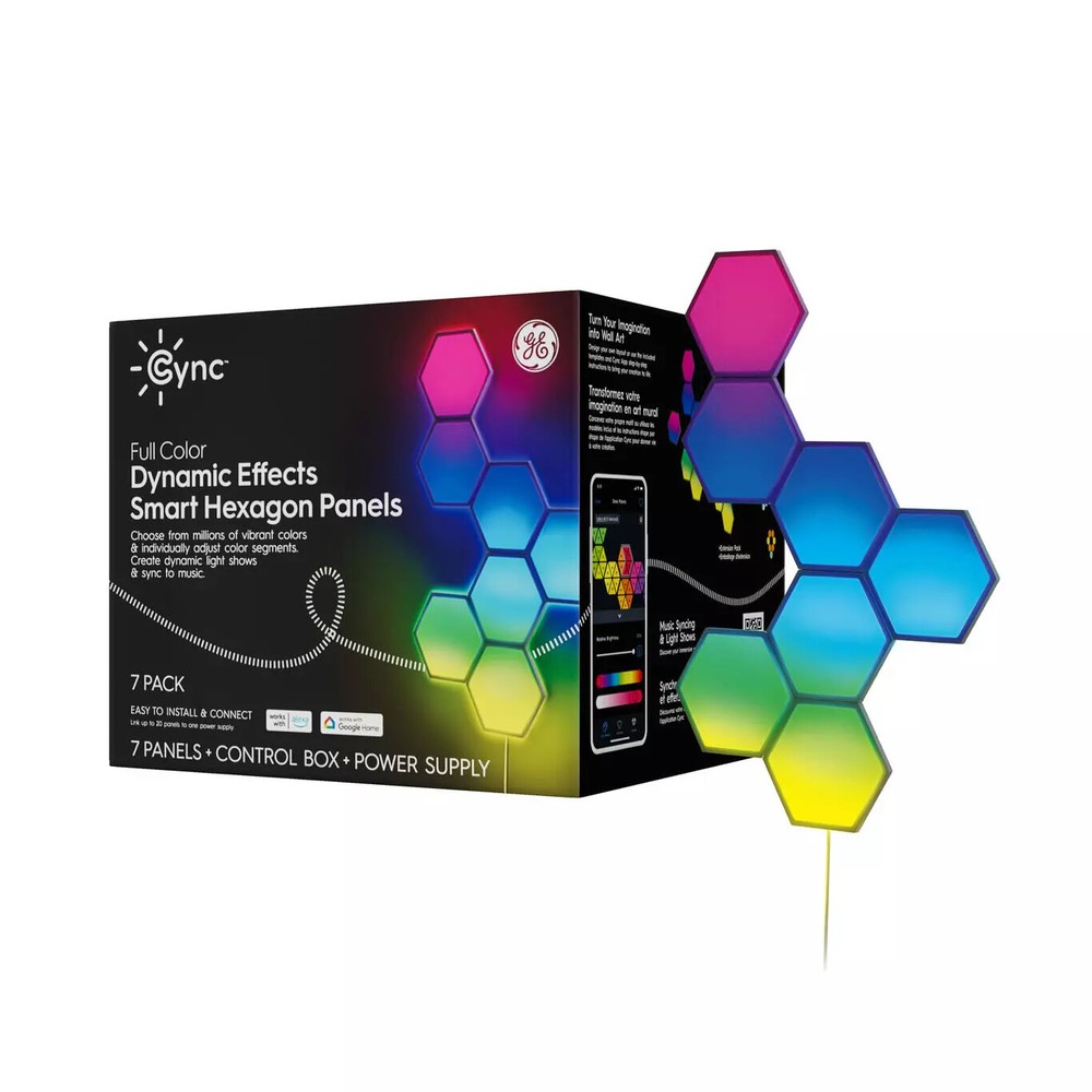 7 Pack GE Cync Dynamic Effects Smart LED Hexagon Panels, Smart Color Changing