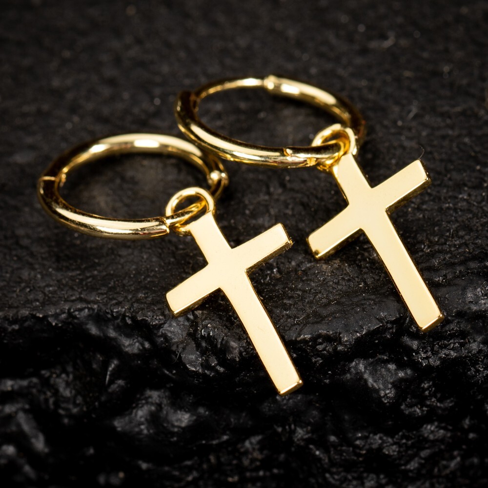Men's Yellow Gold Plated Solid Hanging Dangle Cross Huggie Hoop Earrings