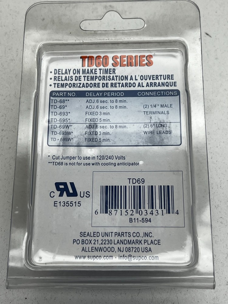 Supco TD-69 Delay on Make Timer HVAC Time Control, 19-250VAC, 0.1-8-Minutes