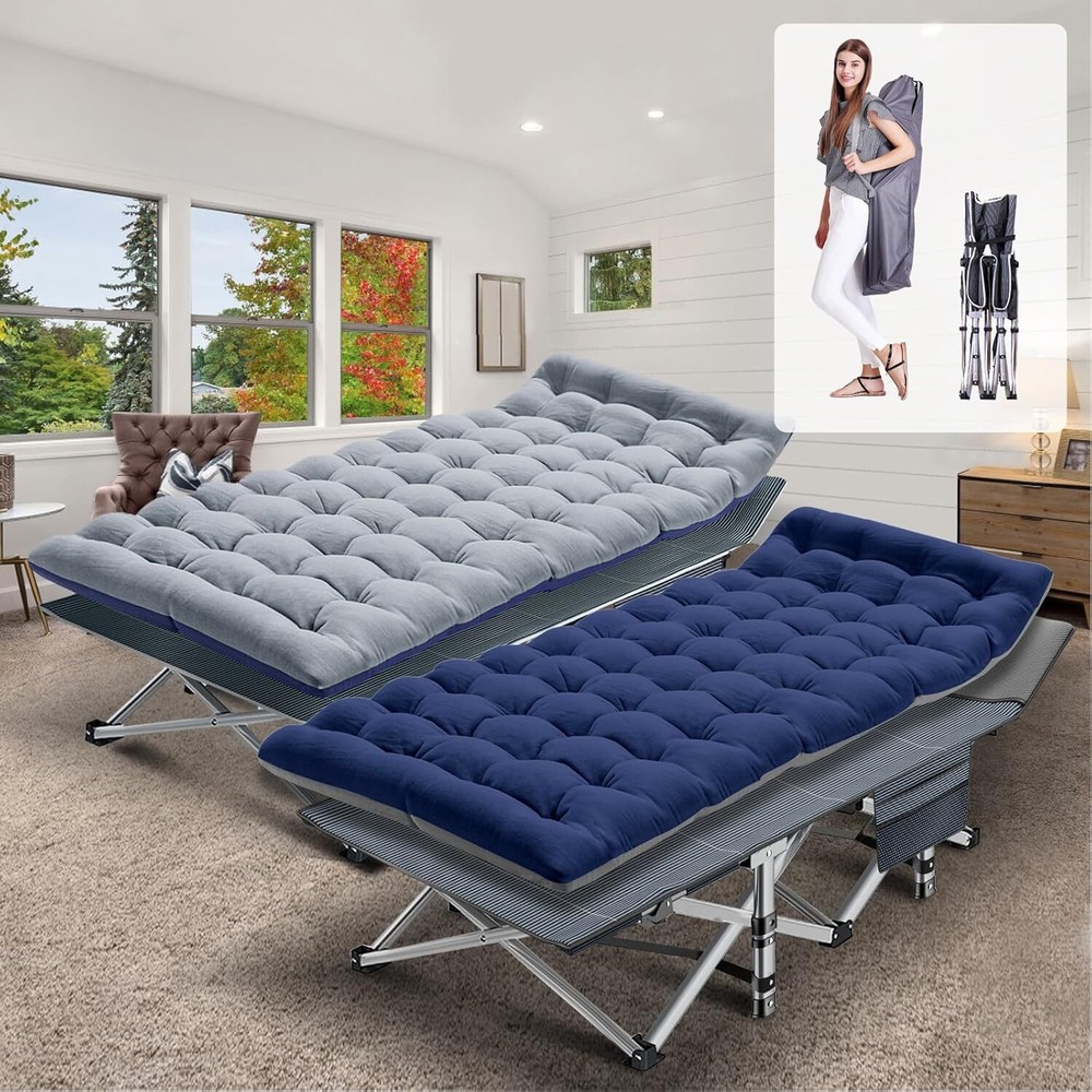 NAIZEA Folding Camping Cots 2 Pack with Mattress, 600lb Capacity, Blue/Gray