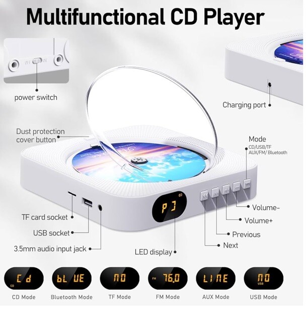 Bluetooth Portable Home CD Music Player W/ Remote Led Display Timer Speaker