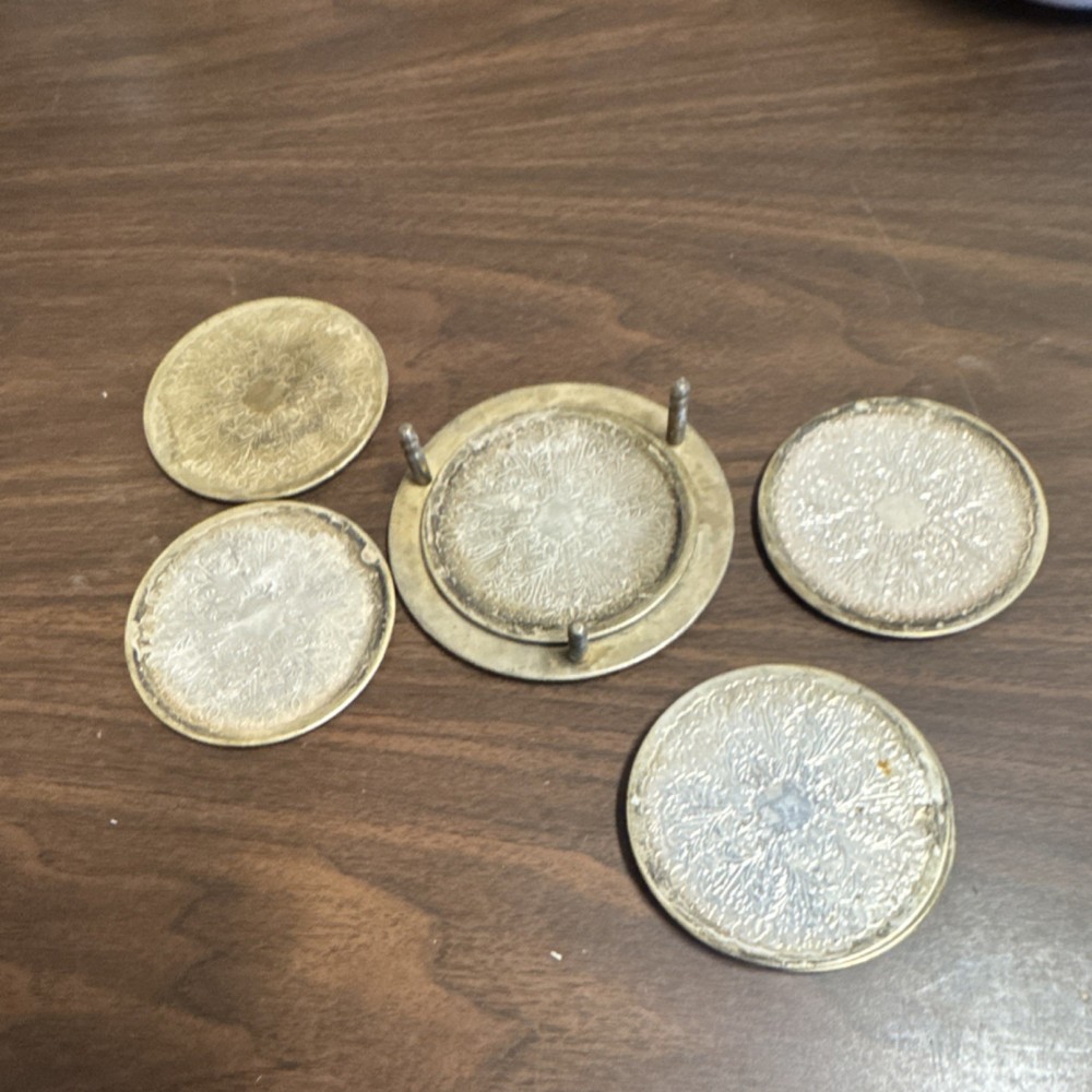 Antique Ornate Decor Silverplate Coaster Set with Holder, Elegant Tableware Set