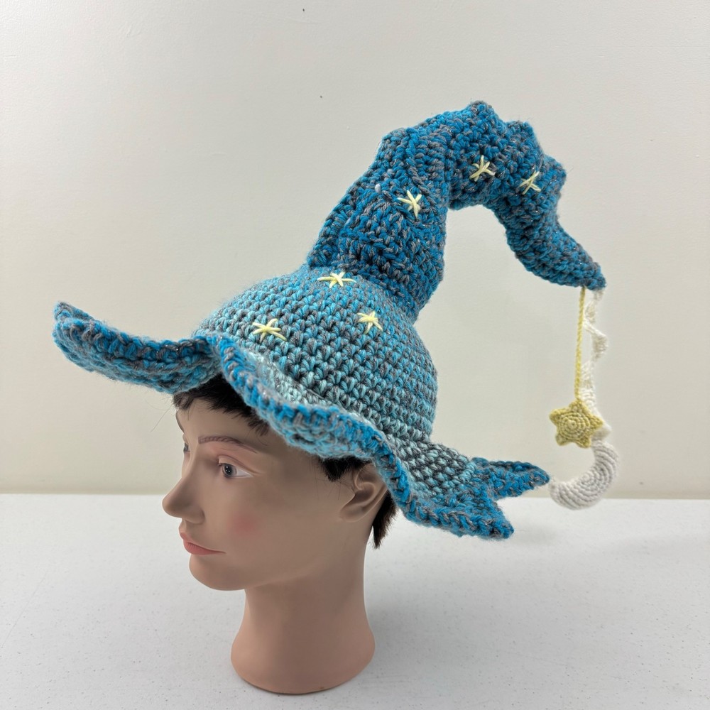 Handmade Crochet Moon & Star Bent Witch Hat glowing