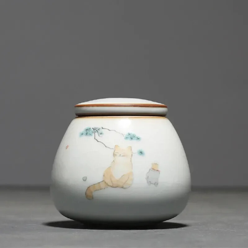 Ru Kiln Ceramics Tea Caddy Cute Cat Pattern Sealed Tea Leaf Container