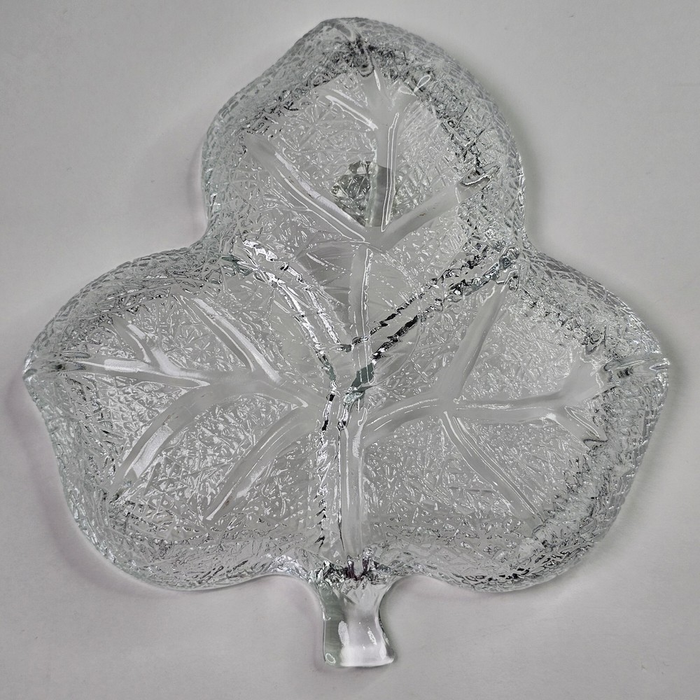 Vintage Romanian Pressed Crystal Leaf Shaped Divided Serving Dish 7" Clear Décor