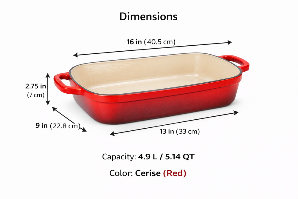 Le Creuset Signature 13" Rectangular Roaster Cerise Cast Iron Baking Dish 5QT