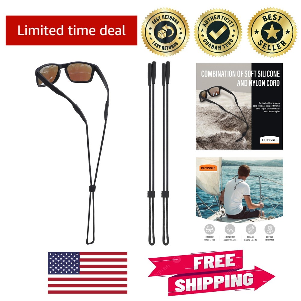 2 PCS Adjustable Eyeglass Holder Straps - Secure & Lightweight Design in Black