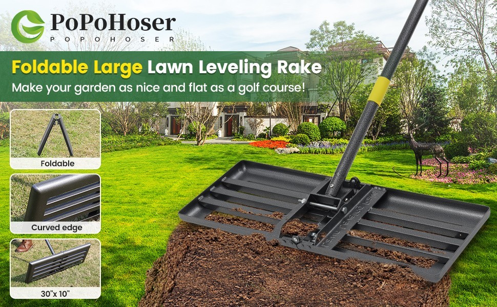Lawn Leveling Rake 30"x10" Foldable Curved Plate, 58" Heavy Duty Handle Tool for