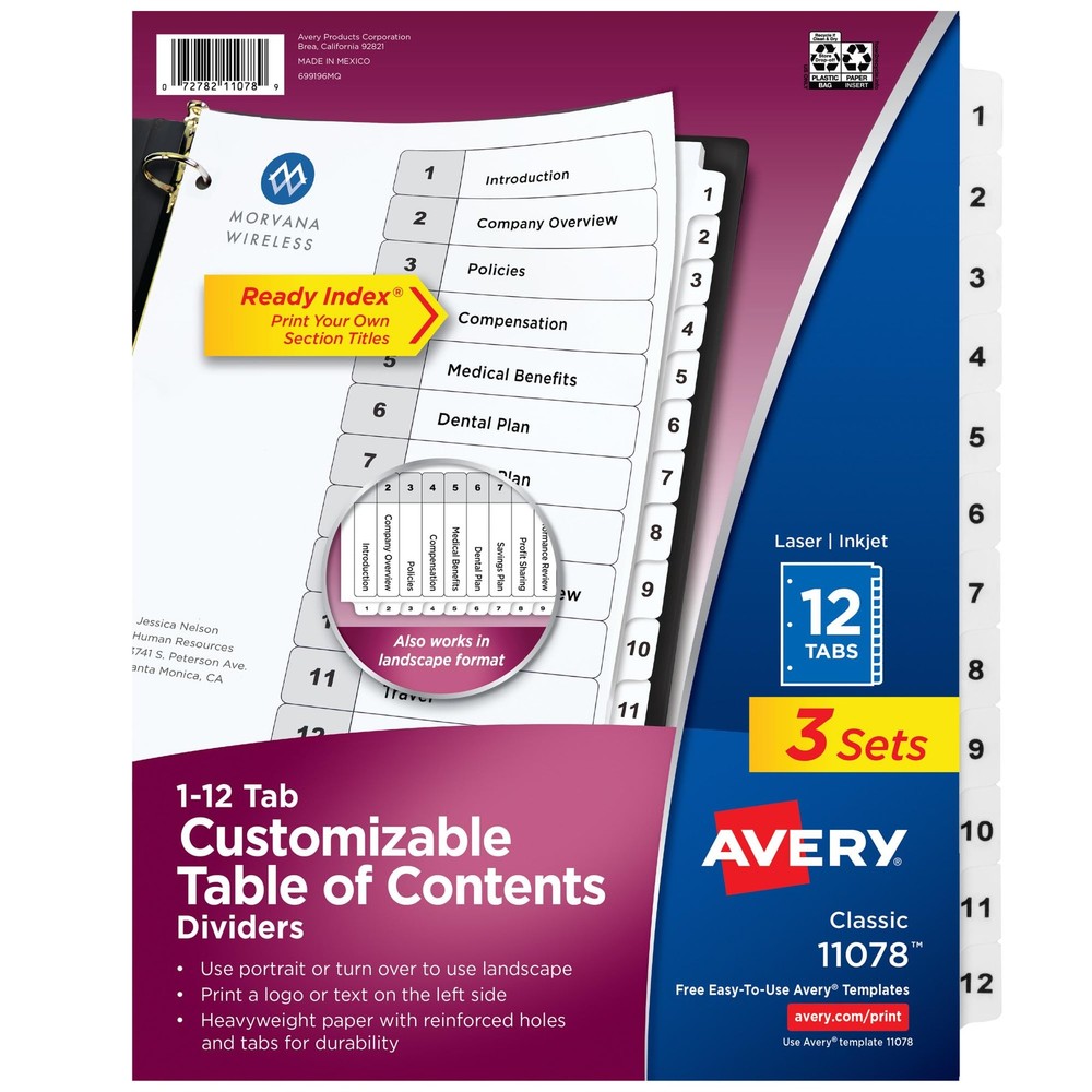 Avery Dividers for 3 Ring Binders, 12 Tabs per Set, Customizable Table of