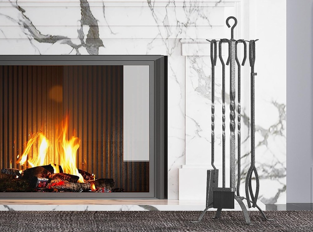 5-Piece Fireplace Accessory Kit in Pewter with Heavy-Duty Firepit Tools