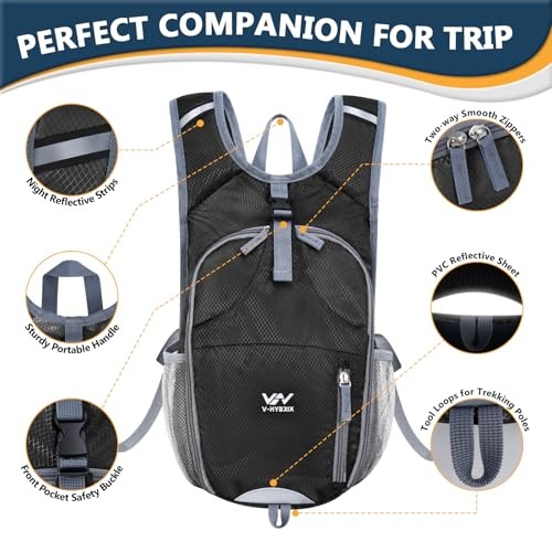 15L Foldable Hiking Backpack,Lightweight Packable Waterproof Small Black