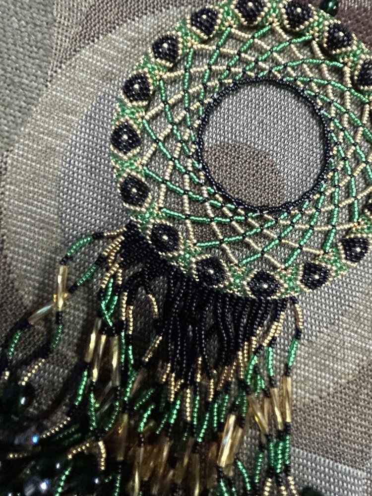Hand Beaded Dream Catcher ( Gold, Black, & Green)