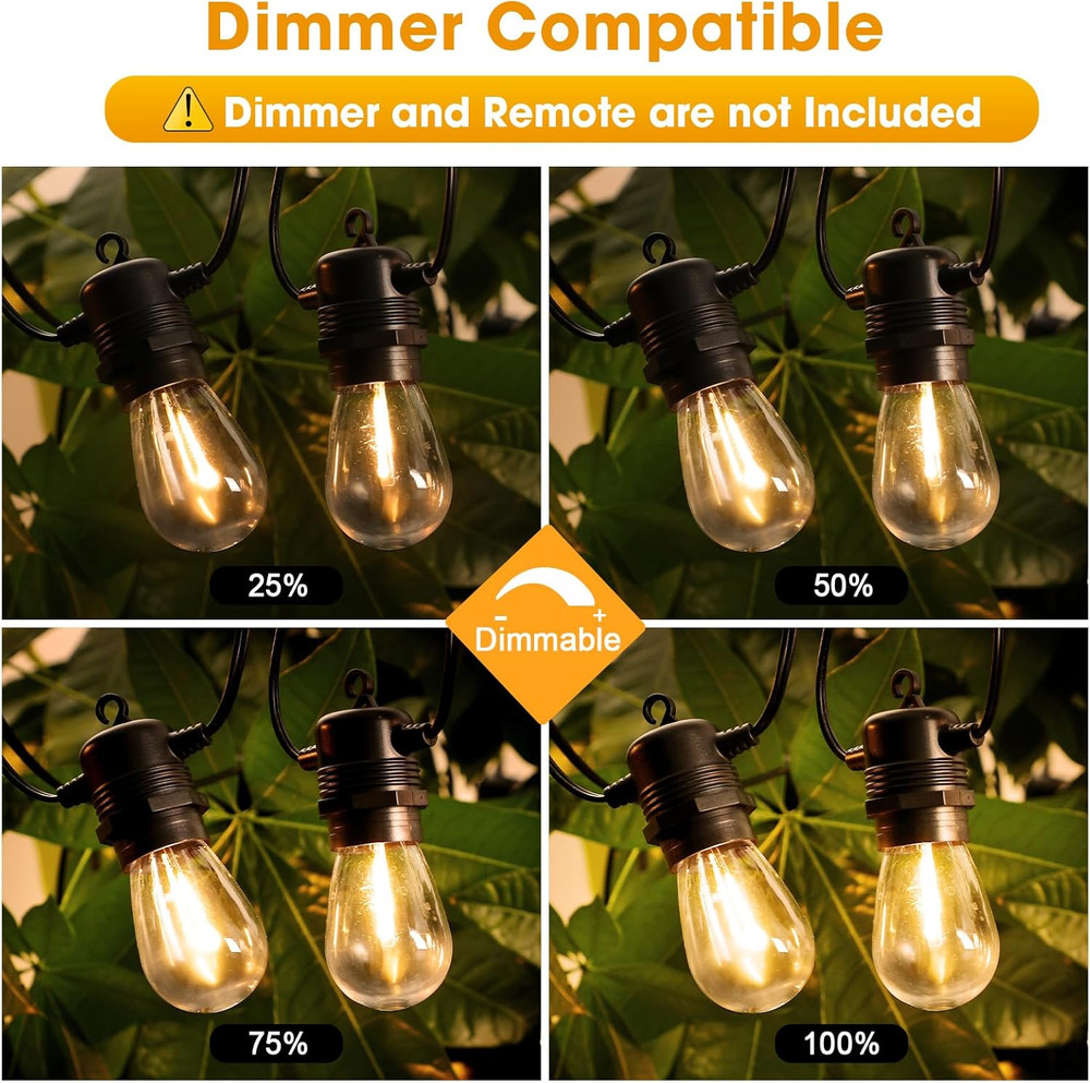 50FT Waterproof LED String Lights with Dimmable S14 Bulbs for Outdoor Use