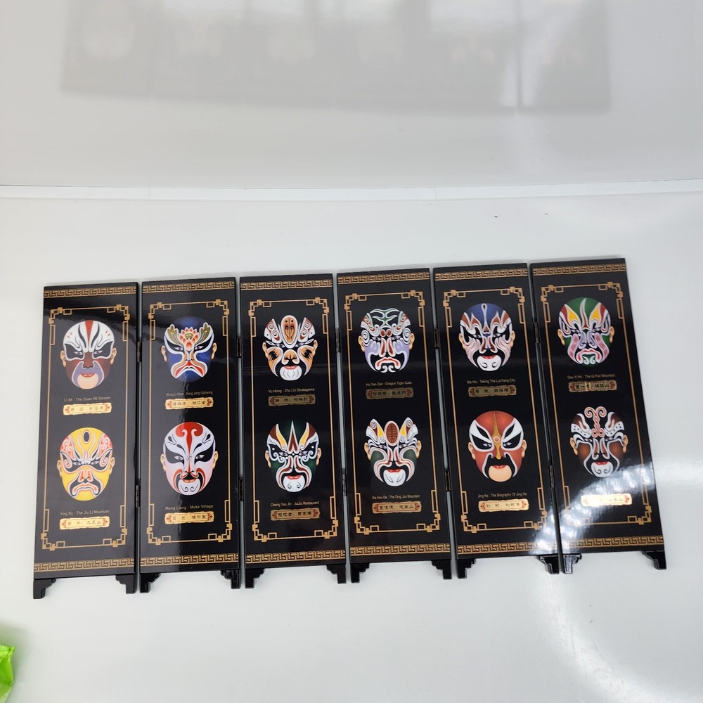 Chinese Folding Screen Peking Opera Makeup Mini Panel Black Lacquer 9x18 w Box
