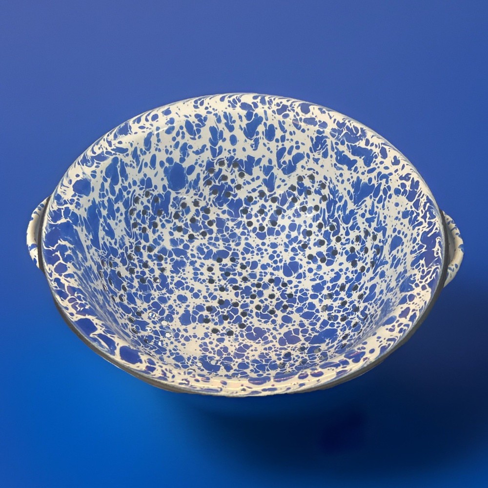 Enamelware Metal Colander Strainer Mottled Speckled Blue & White 8”