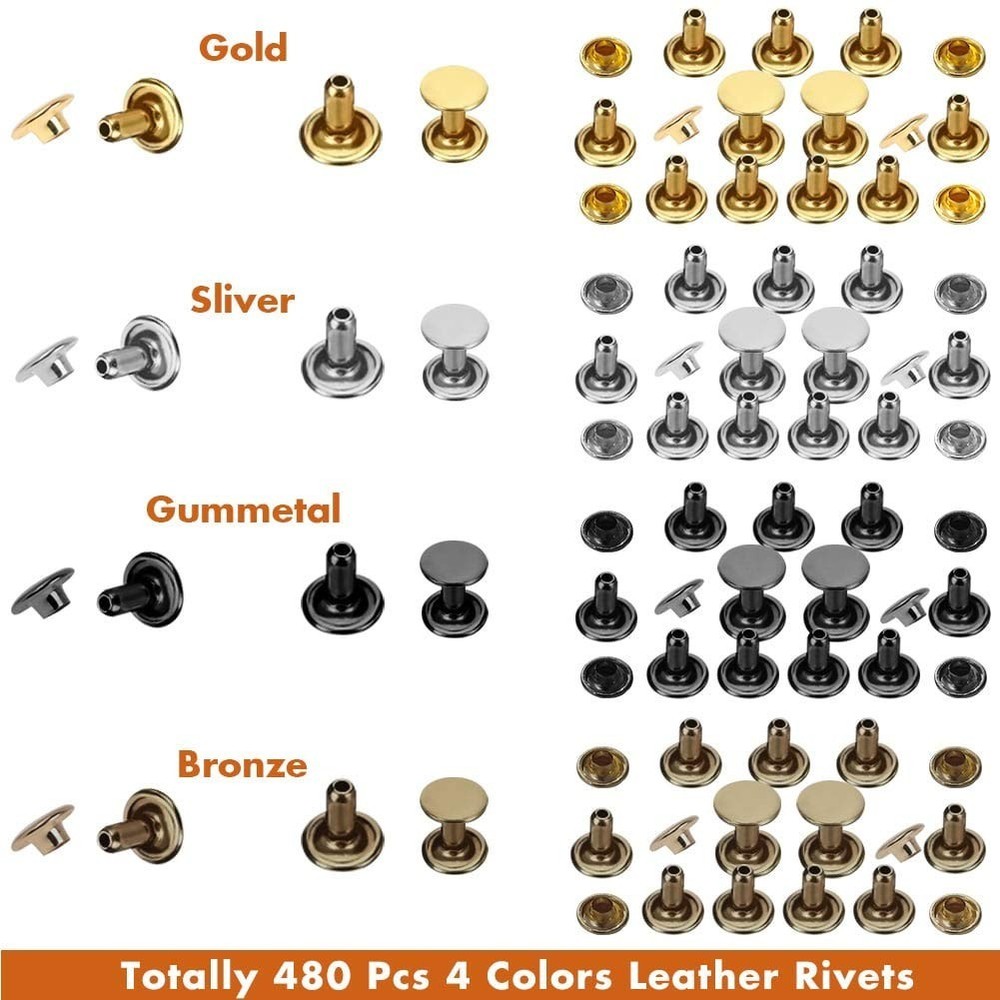 480 Sets Small Double Cap Leather Rivets 4 Colors 3 Sizes Cap Diameter: 6mm/8...