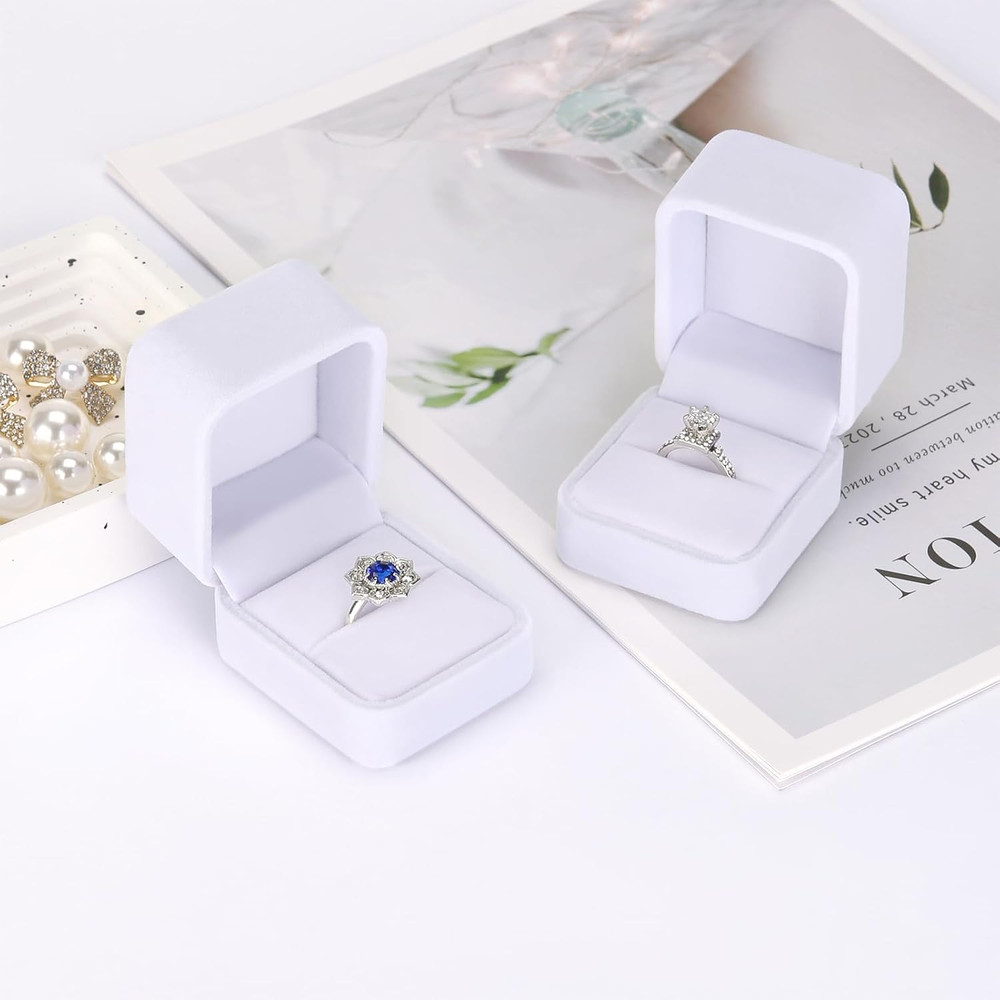 2 Pieces Velvet Ring Gift Box, Small Ring Storage Boxes for Proposal White