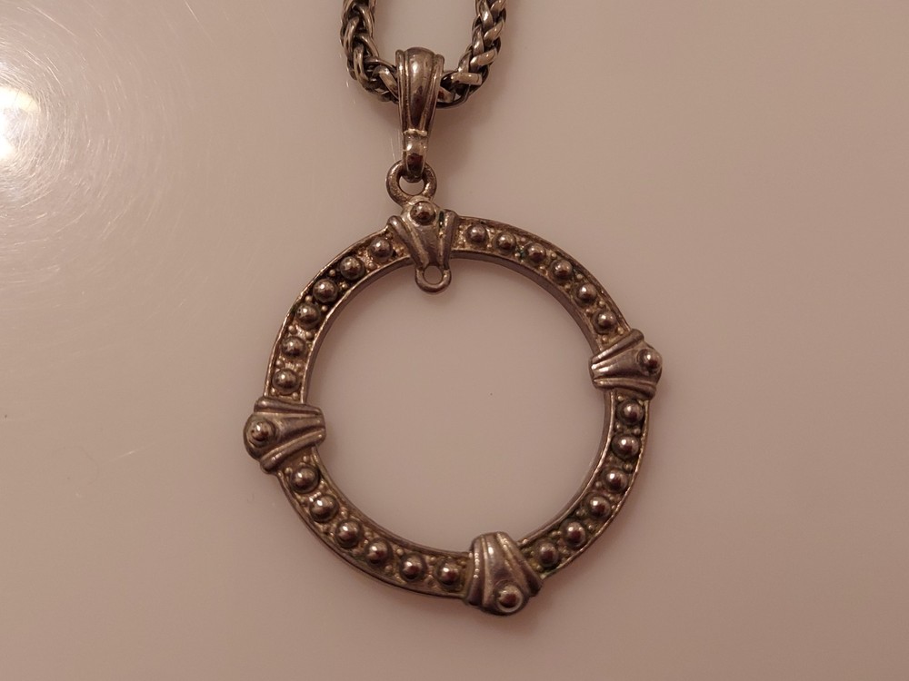 big circular & silvertone chain necklace pendant flawed signed "IS" or "JS"