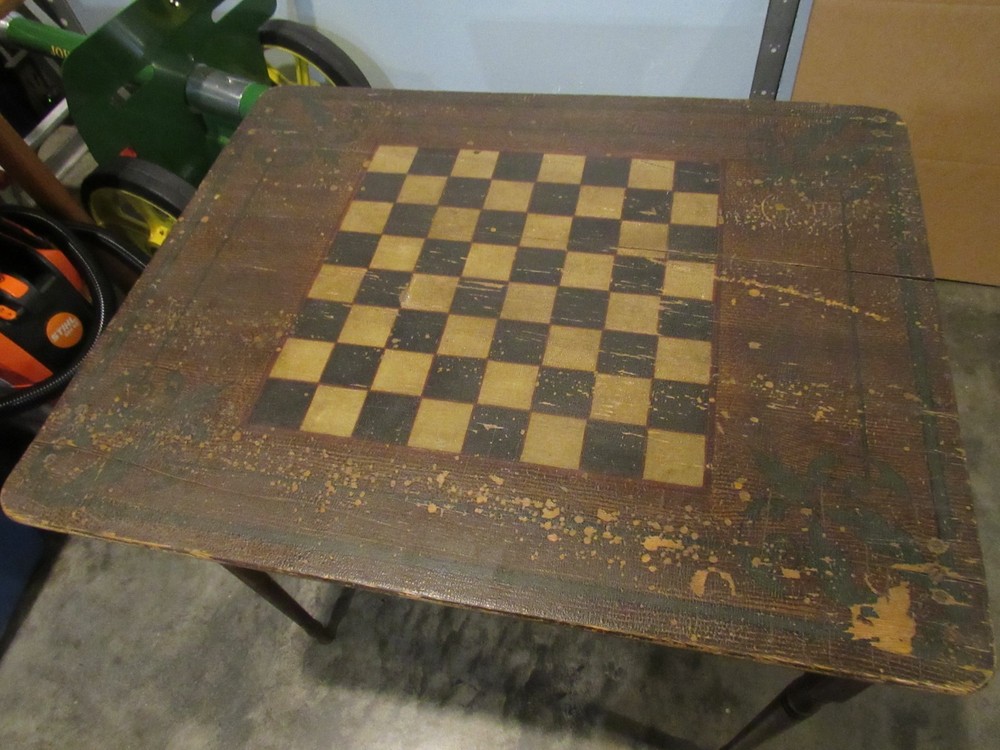 ANTIQUE ORIGINAL 1800's FOLDING CHESS CHECKERBOARD TABLE SOLID PLANK TOP