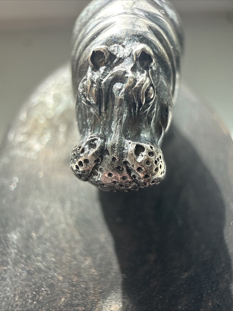 Silver Miniature Hippo On Wooden Base Patrick Mavros