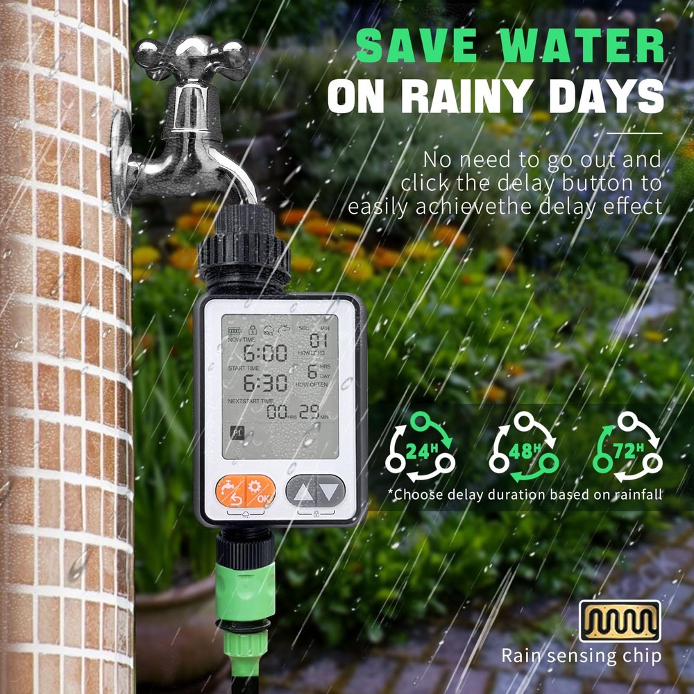 10Program Hose Sprinkler Timer, IP54 Waterproof, Auto Rain Delay, 3.3in LCD