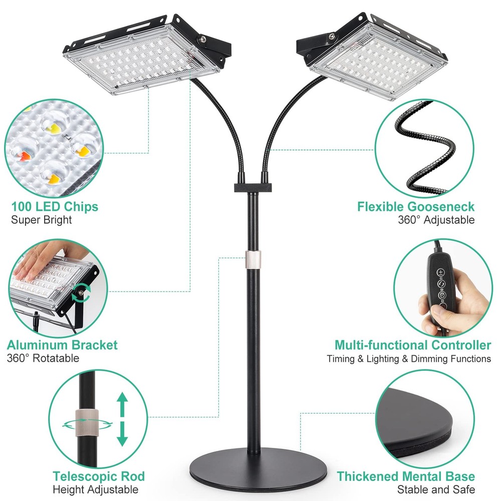 LBW Grow Light for Indoor Plant,Full 2-Head with Auto Timer, With Base