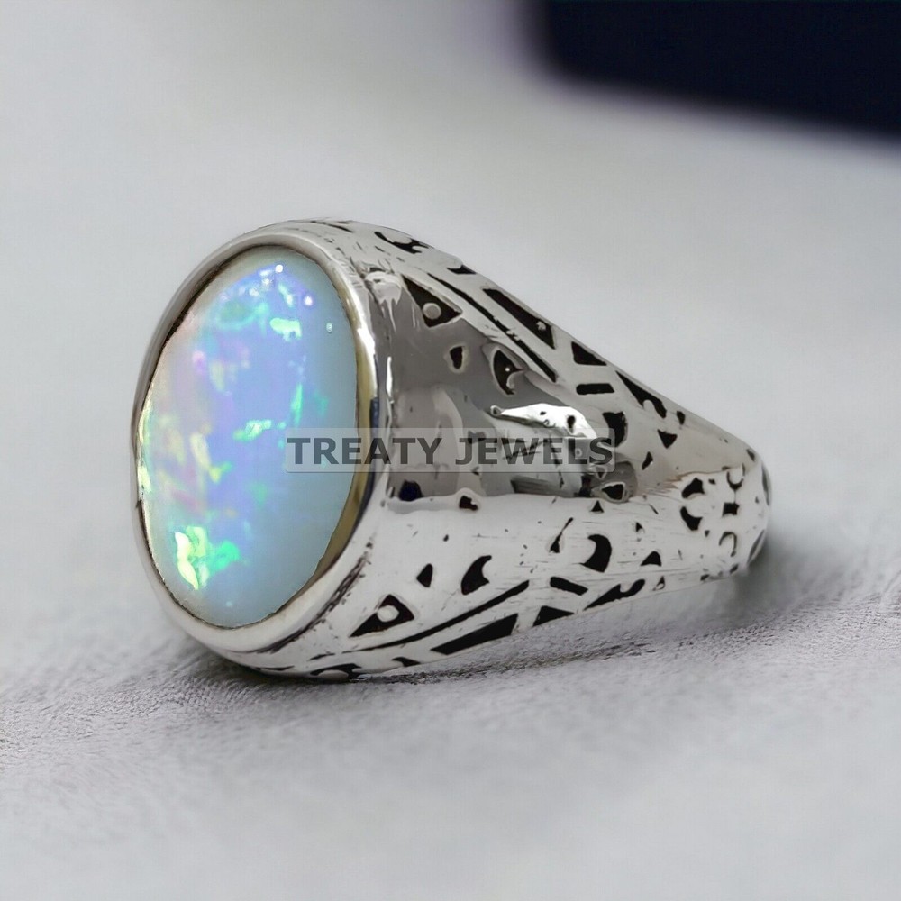 Opal Oval Cut Gemstone With 14K Solid White Gold Ring For Men's #872