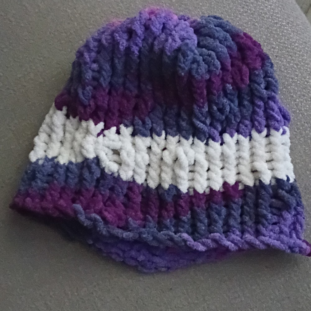 Handmade Knit Hat Purple White Striped Pattern Warm Soft Winter Accessory