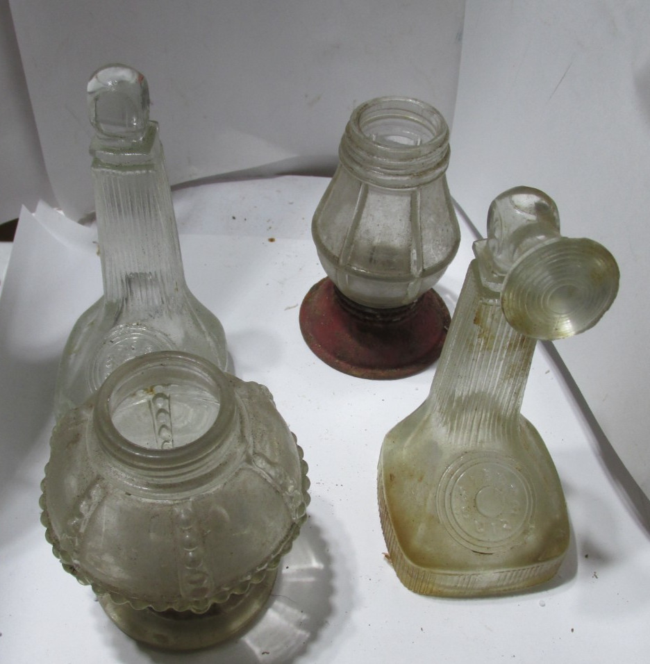 antique old -candy containers glass-2 telephone tall type & 2 round lantern bas