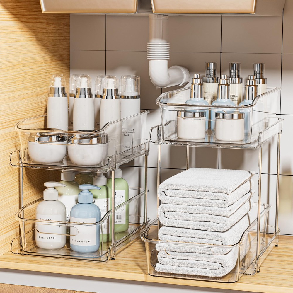 Delamu 2-Tier Under Sink Organizers and Storage, Multi-Purpose 2 Pack, Clear