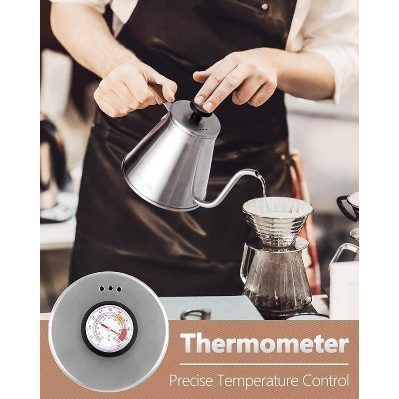 Gooseneck Kettle W/ Thermometer Ergonomic Handle Stainless Steel Induction Safe