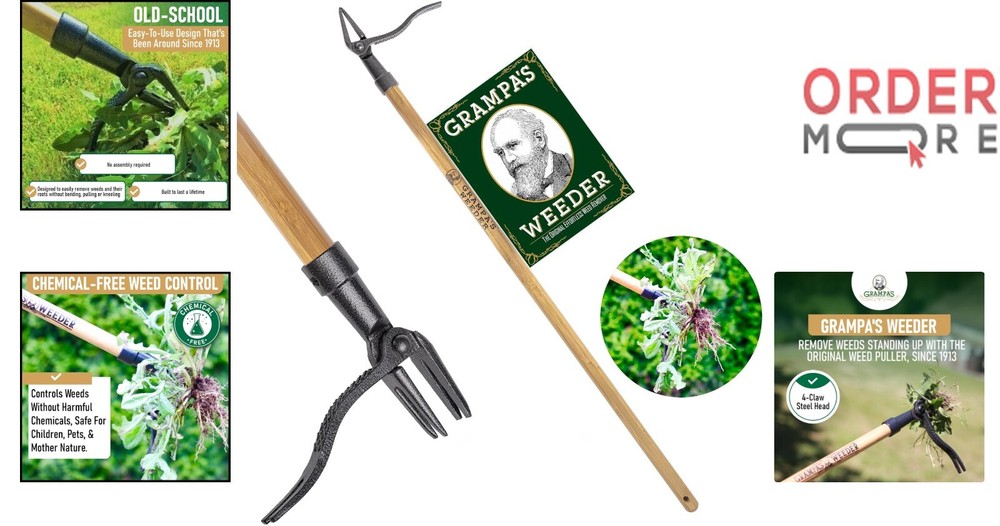 Garden Weed Puller Tool Bamboo Handle 46in Long 4-Claw Steel Head