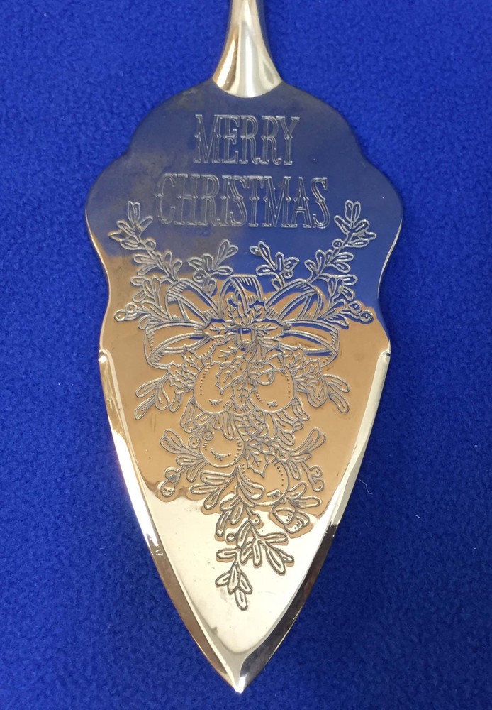 Pie Cake Server Merry Christmas Mistletoe Pattern Chrome Plate 11.5" Long