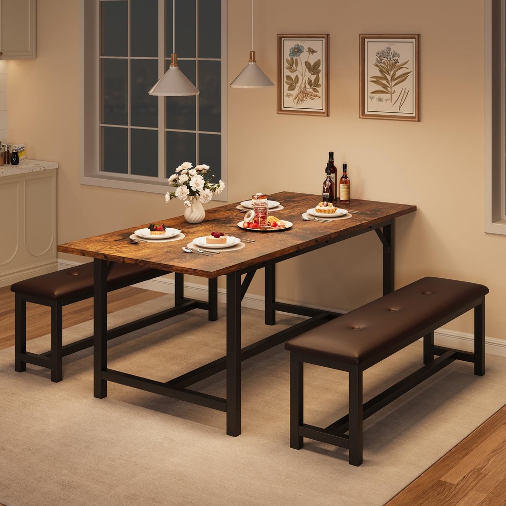 Extendable Dining Table Set Kitchen Table and 2 Upholstered Benches Dinette Set