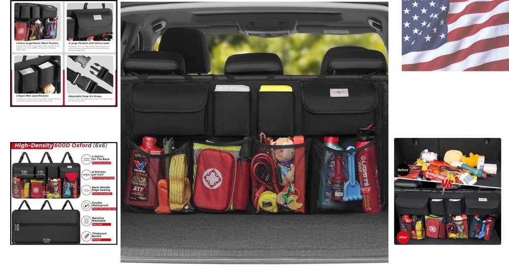 Large Capacity Car Trunk Organizer with 8 Pockets - Durable Black Design