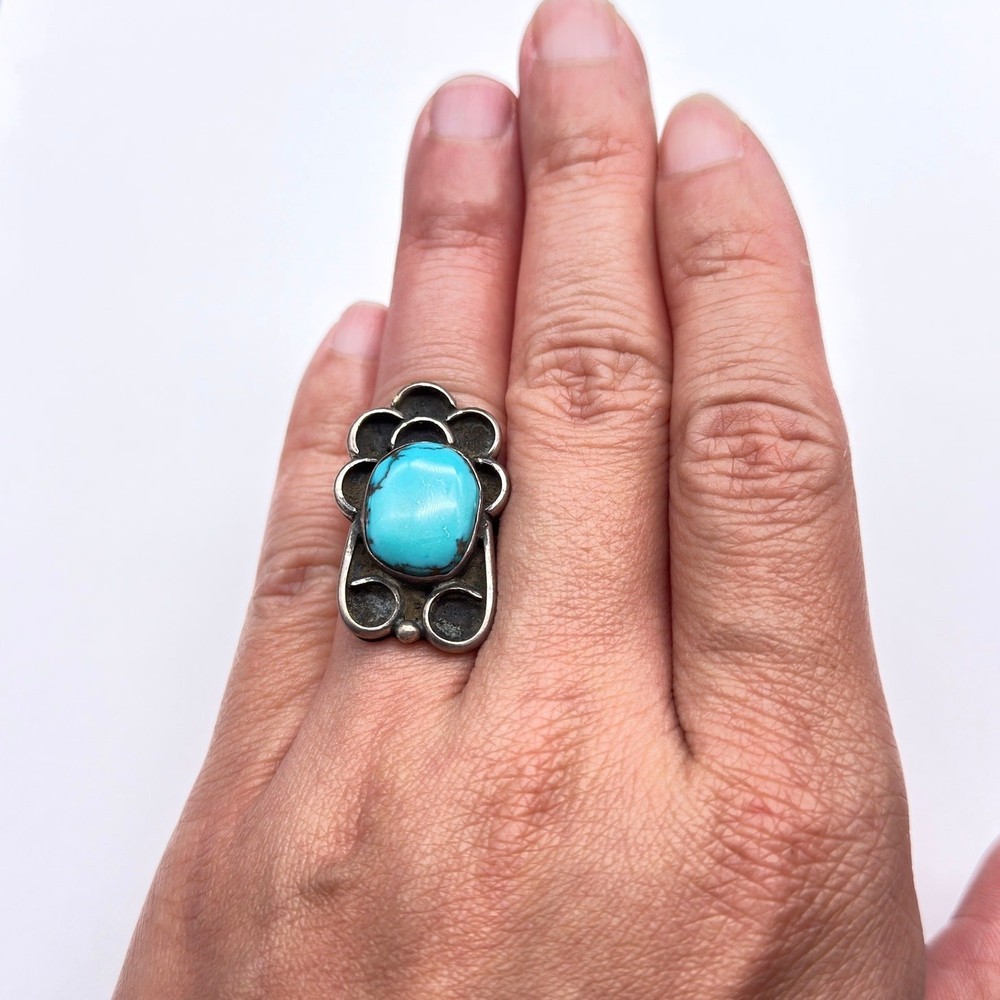 Vintage Navajo Native Turquoise Silver Ring Size 7.5