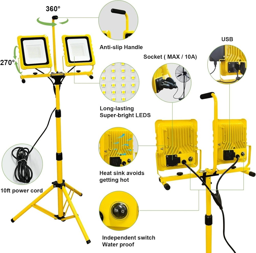 25000 Lumen Work Lights with Stand, Dual Head LED Work Light with USB & Socket,
