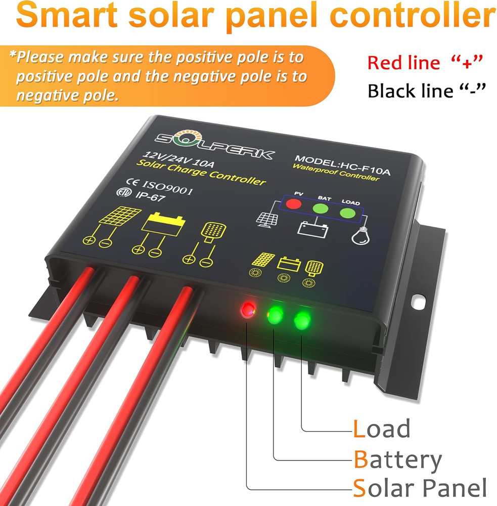 10A Solar Charge Controller Waterproof Solar Panel Controller 12V/24V PWM Solar