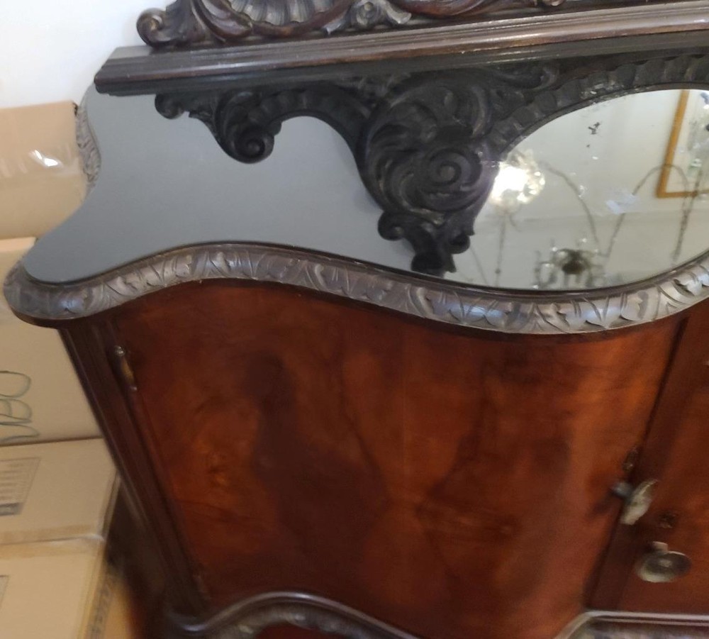 Incredible French Victorian Solid Burled Walnut Sideboard & Glass Top - GDC