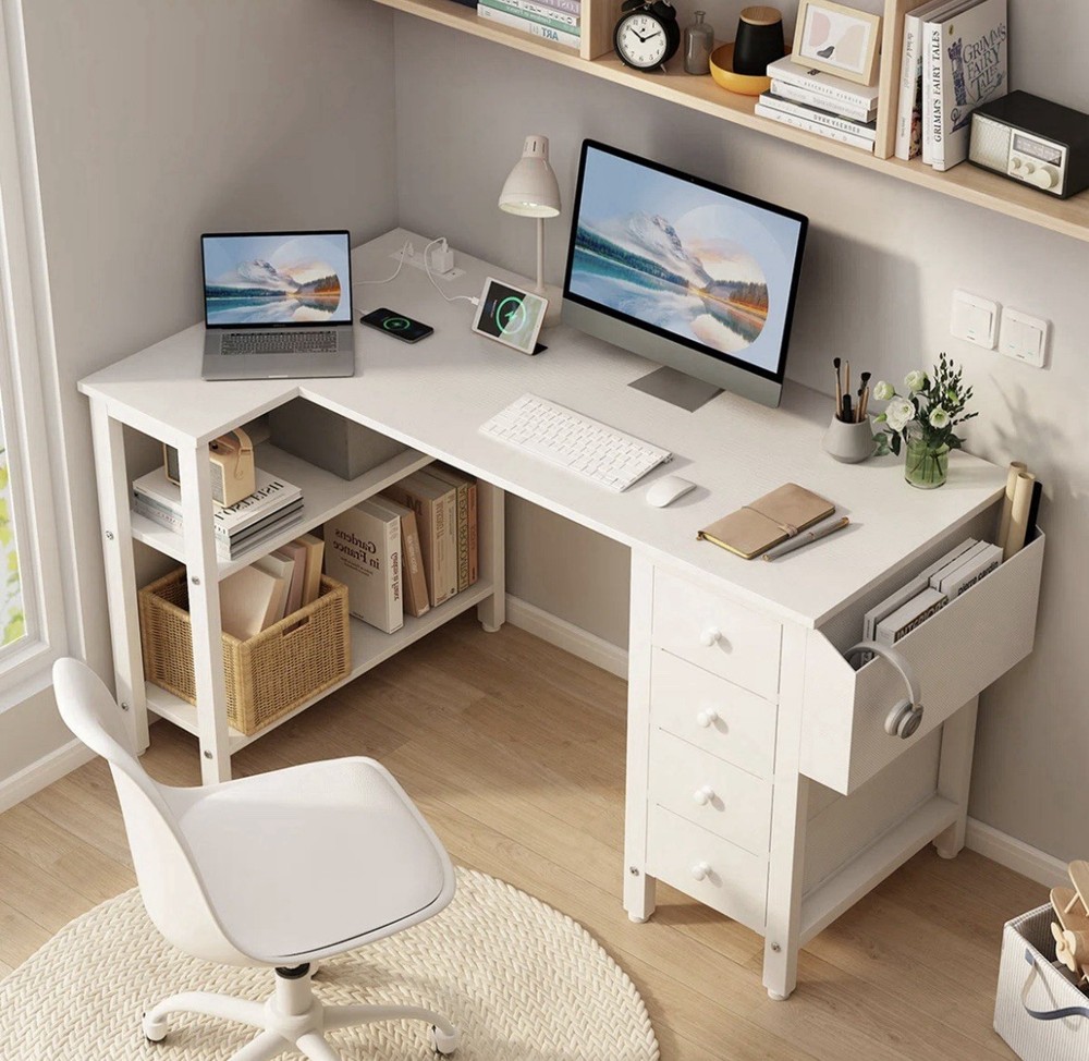 White desk with a side pocket and shelves