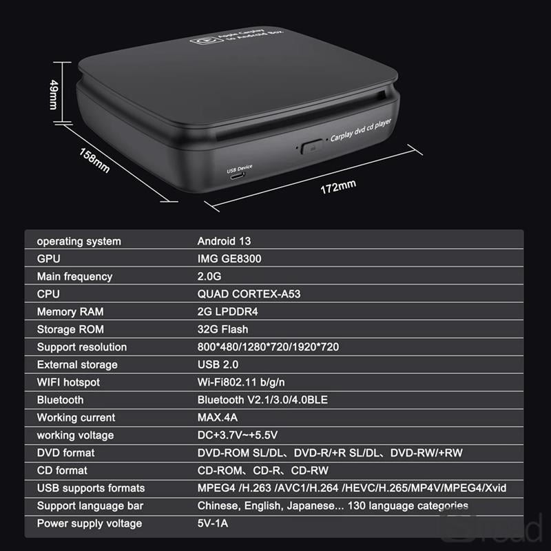Portable Car CD DVD Player With Wireless CarPlay Android Auto Adapter, AI Box