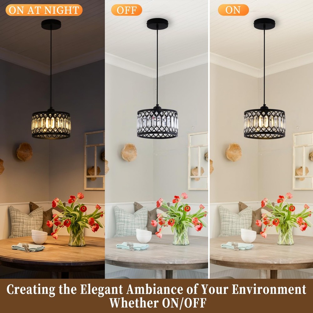 Crystal Black Pendant Light Fixture, Modern Hanging Ceiling Light Adjustable ...