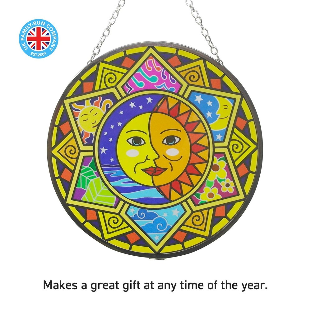 Sun and moon eclipse glass sun catcher with geometric border | 150mm diameter