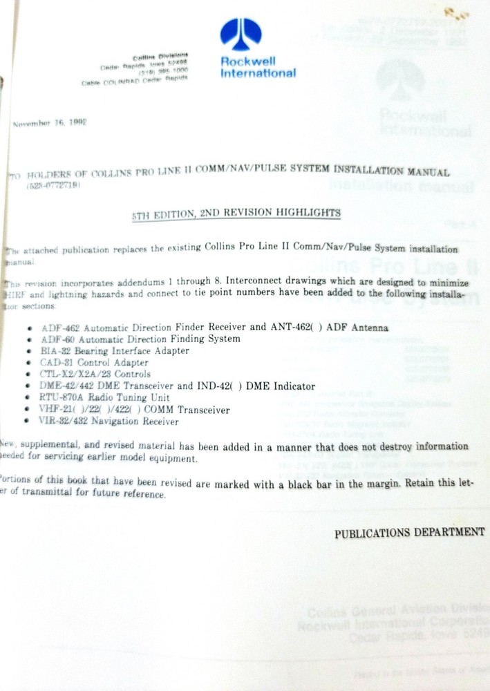 COLLINS Pro Line II Comm Nav Pulse System Install Manual Part A AVIONICS 1992
