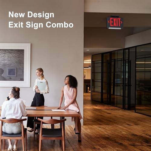 Adjustable LED Exit Sign with Emergency Light Bar, Hardwired, Battery Backup, UL